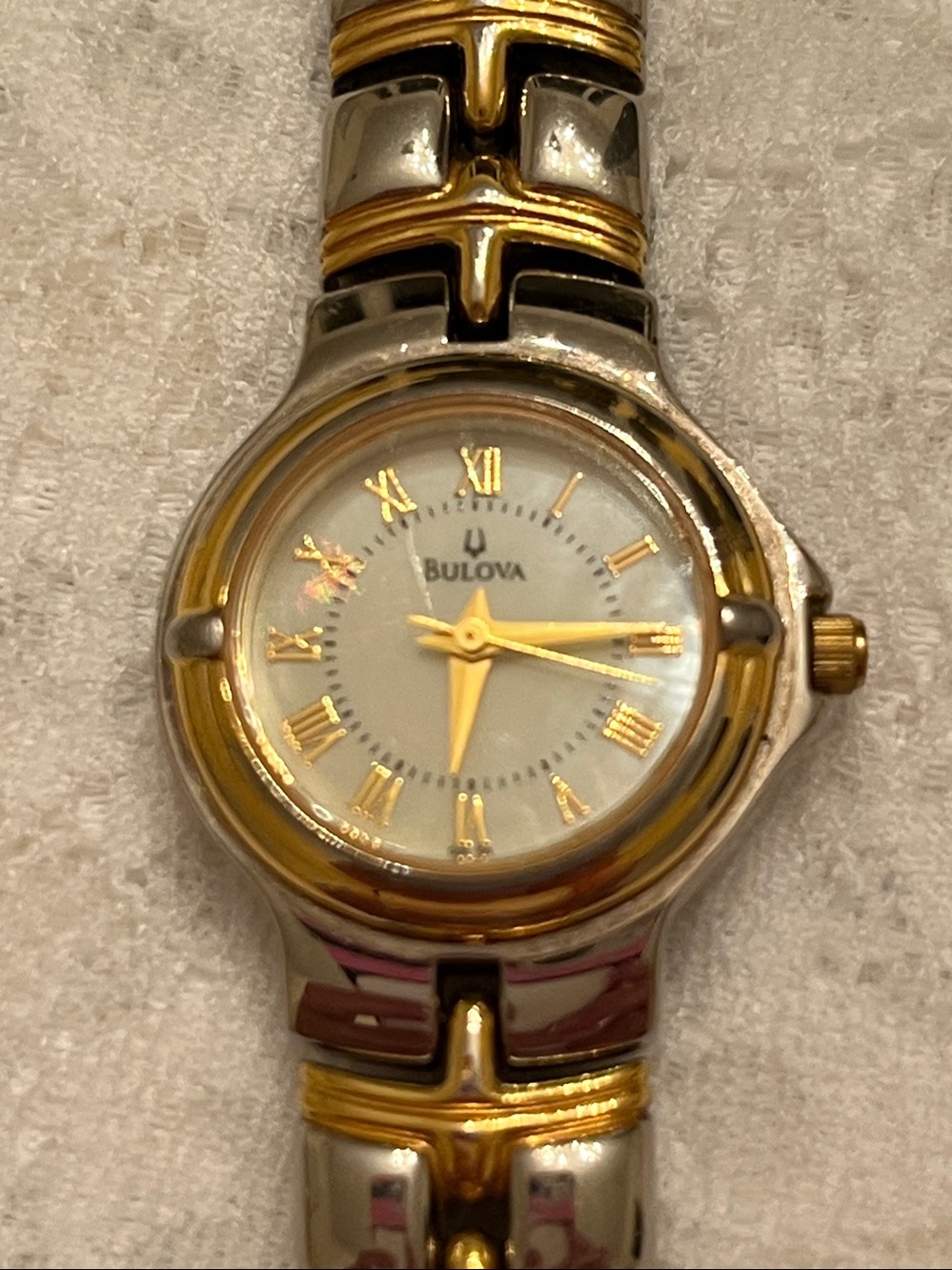 VTG Bulova Two-Tone Ladies Watch with White Mother-of-Pearl Dial